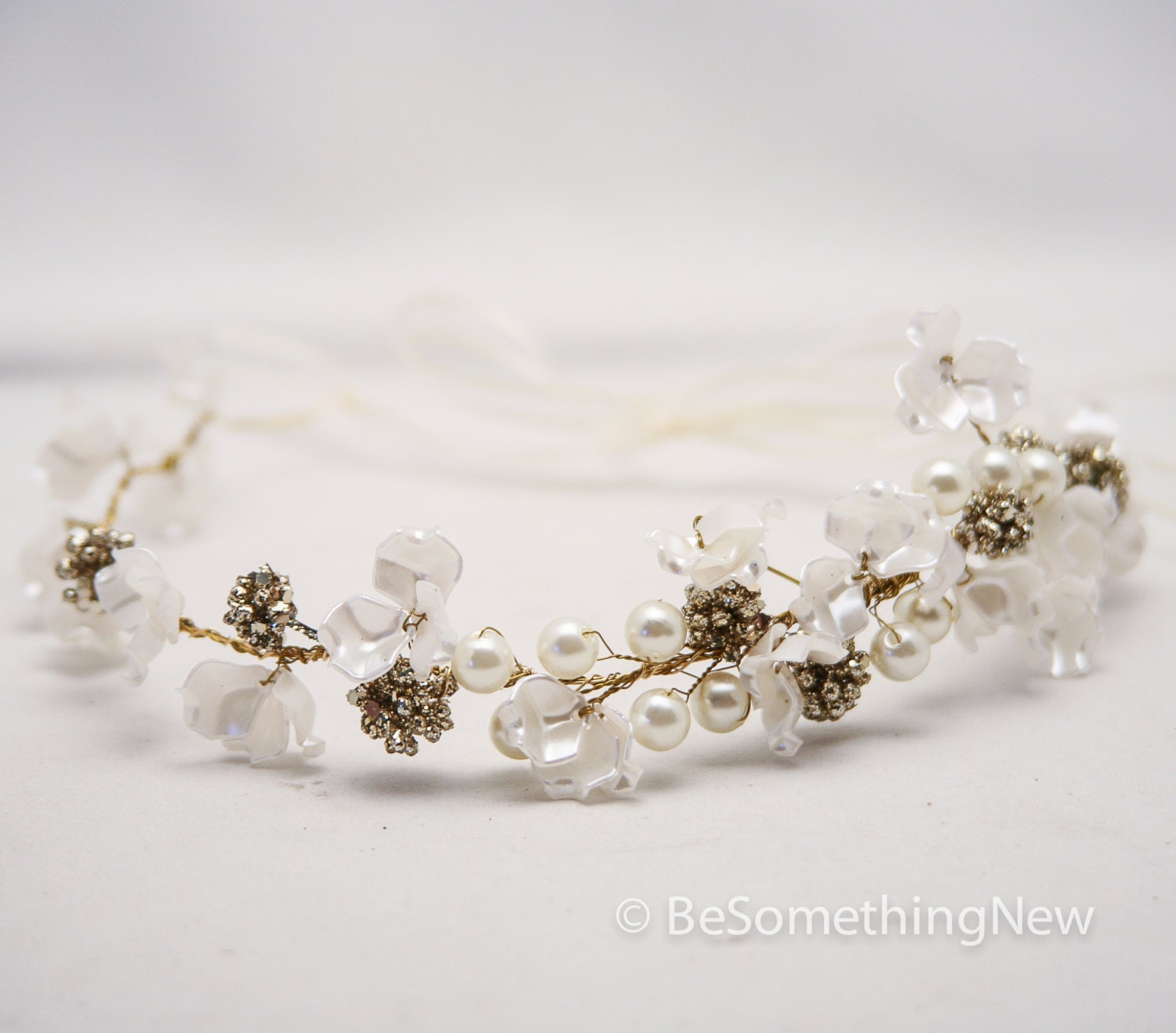 Ivory Flower Crown of Delicate Flowers and Gold Accents Boho