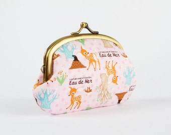 Metal frame coin purse - Eau de mer Deer on pink - Big smile / Japanese fabric / Lovely Bambi and moles / green teal brown / pink dots