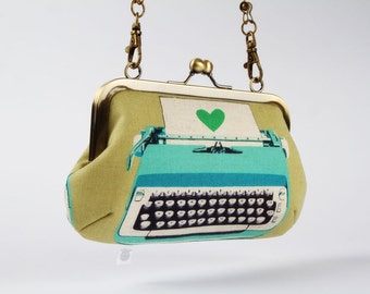 Metal frame handbag with shoulder strap - Retro typewriters in sage and turquoise - Party purse / Modern office / blue kelly green