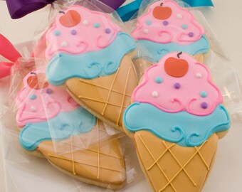 Ice Cream Cone Cookies - 12 Decorated Sugar Cookie Favors