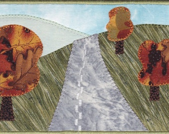 Handmade Autumn Road Trip Quilted Fabric Postcard