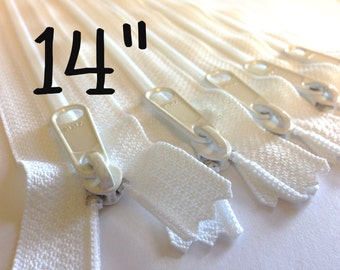 14 inch Handbag zippers with extra long pull, TEN pcs, YKK white color 501