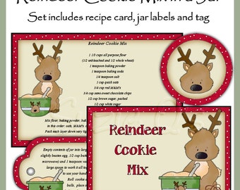 Make your own Reindeer Cookie Mix in a Jar - Label, Tag and Recipe - Digital Printable Kit - Great Gift Idea - Immediate Download