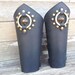Black Bracer Pair Armor Ren Faire SCA with Incised Antiqued Brass Celtic Concho Ring, 3D Pyramid & Spots