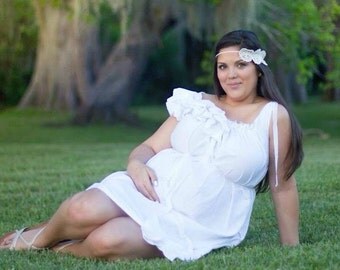 Plus Size Maternity Dress Ivory or White Photo Large Bust Ruffled Below Knees Patisserie Handmade Custom Womens