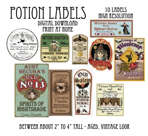 Vintage Halloween Witch Potion Bottle Labels