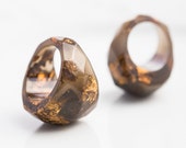 Brown Resin Ring Gold Flakes Faceted Cocktail Ring OOAK copper earth brown geometric jewelry