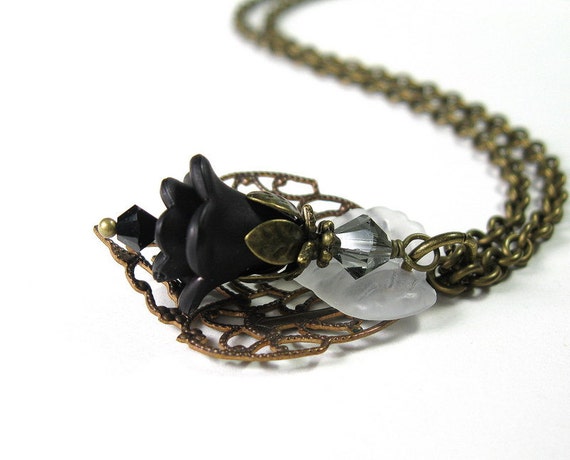 Flower Necklace, Black, Vintaj Brass, Vintage Style, Charcoal, Czech Glass, Womens Accessories, Romantic, Sexy, Goth, Feminine Fashions