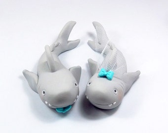 Shark Figurines, Personalized Wedding Cake Topper, Polymer Clay, Handmade Figurines, Summer Wedding Decoration, Bride and Groom