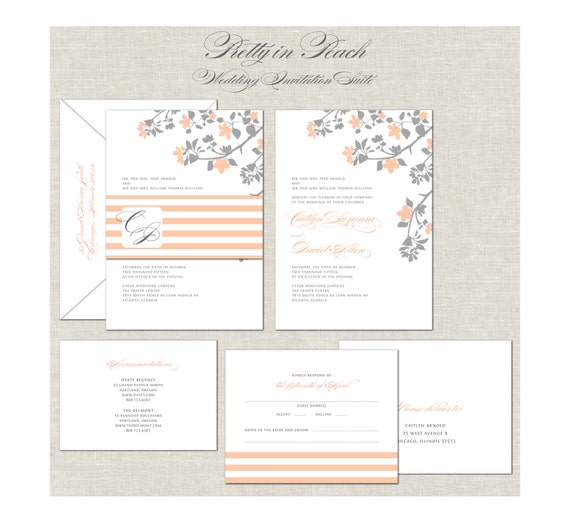 Peach Wedding Invitations, Wedding Invites, Gray, Grey, Monogram ...