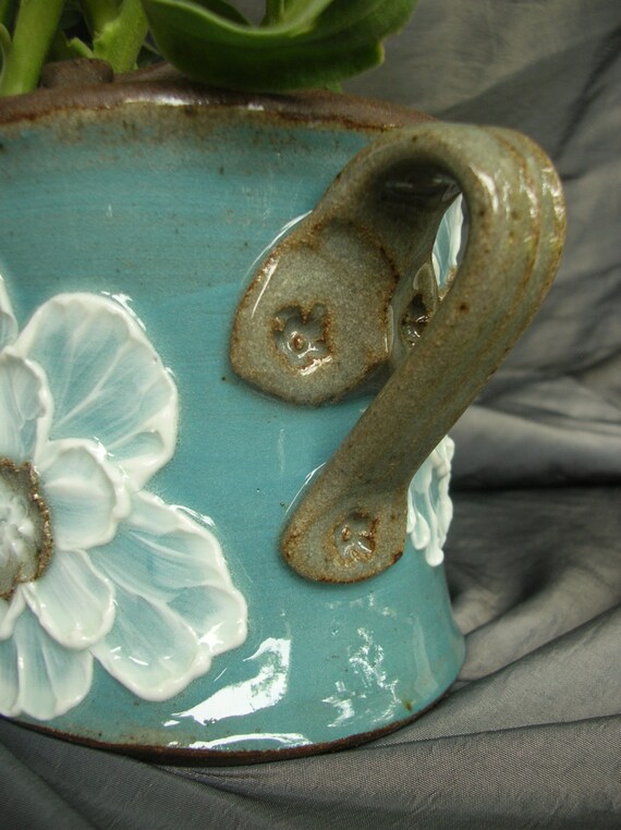 Ceramic Flower Brick with Poppies in Teal Blue