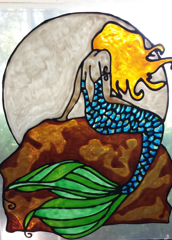 Mermaid with moon on rock stained glass window cling