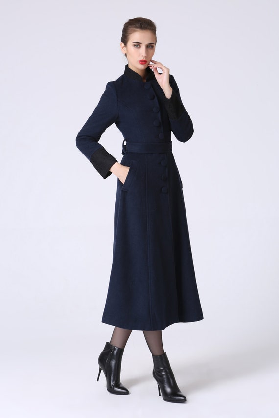 long trench coat navy coat elegant coat wool coat warm