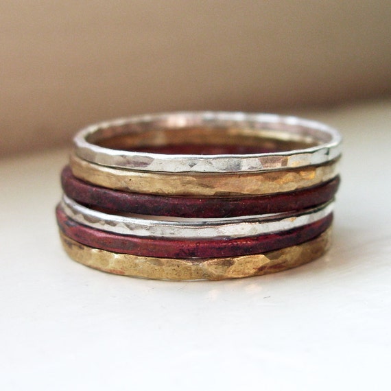 Mixed Metals Stacking Rings in Sterling Silver Fire by brightsmith