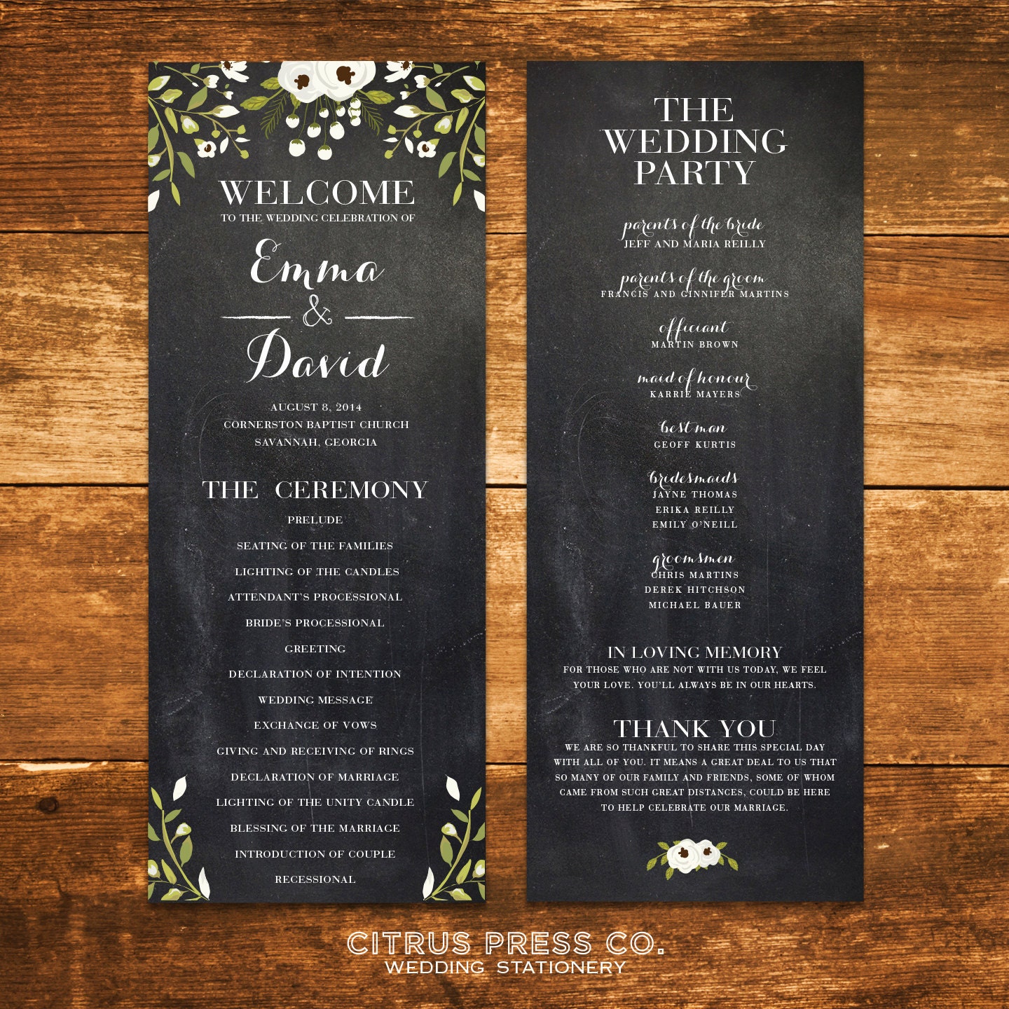 Chalkboard Wedding Program Tea Length With Flowers Print