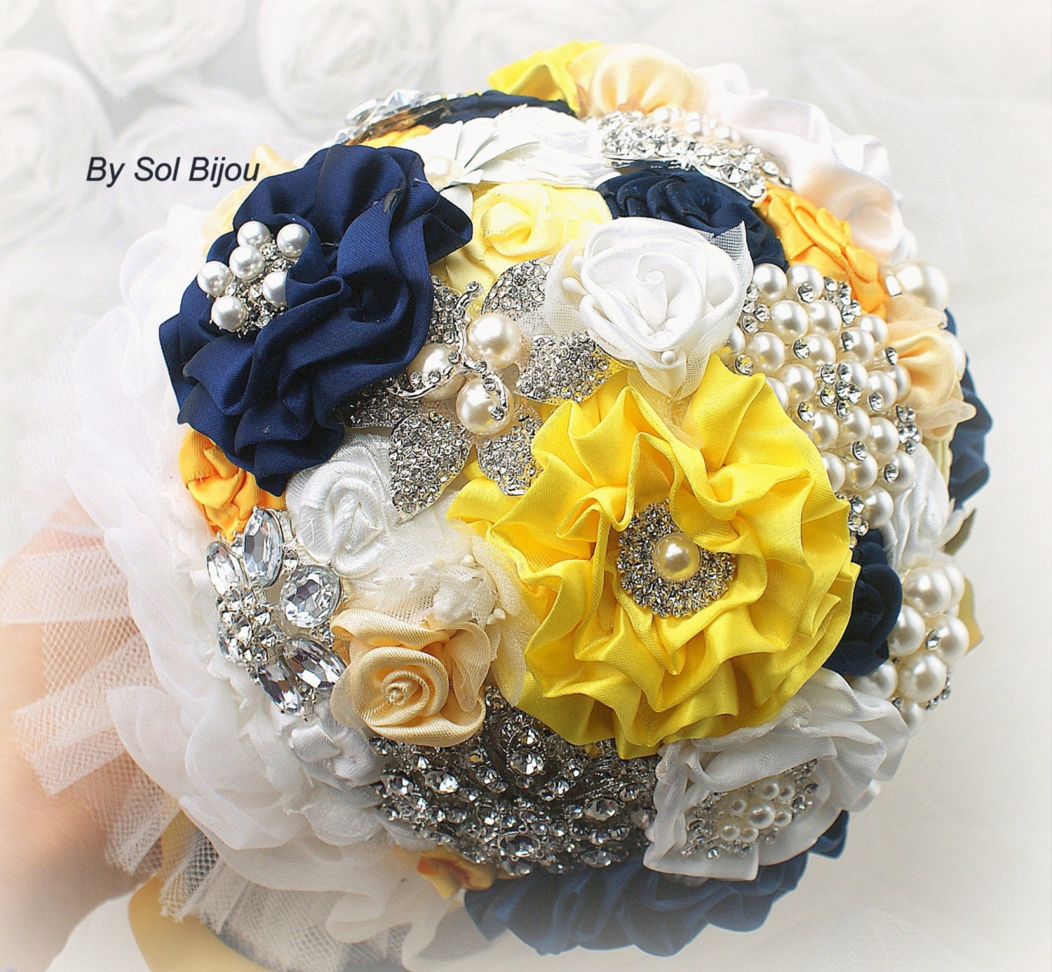 Brooch Bouquet Wedding Bouquet Navy Blue, White and Yellow with Handmade Flowers- Something Blue