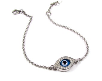Evil Eye Bracelet Reversible CZ- Sterling Silver, Celebrity Inspired, Blue Evil Eye Bracelet