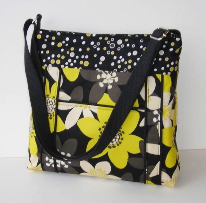 Black and Yellow Fabric Messenger Bag Black Floral by PWOriginals