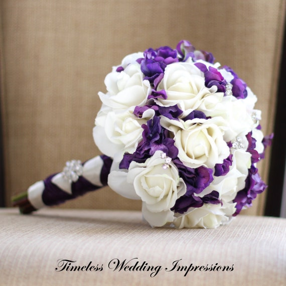 Silk Bouquet Purple Wedding Bridal Roses Hydrangea Real Touch Flowers