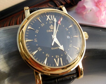 Luxury Black and Gold Wrist Watch - Black Leather Wristband - Quartz - Steampunk - Watch - Item QWA023