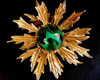 Gripoix Ravishing green Poured Glass Cabochon 1950s Vintage Brooch Pin -beautiful grandmother's Jewel-Large Christmas flower-Art.833/2-