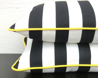 Black and white pillow cover modern home decor, black striped lumbar case, small stripe throw pillow with piping bohemian decor