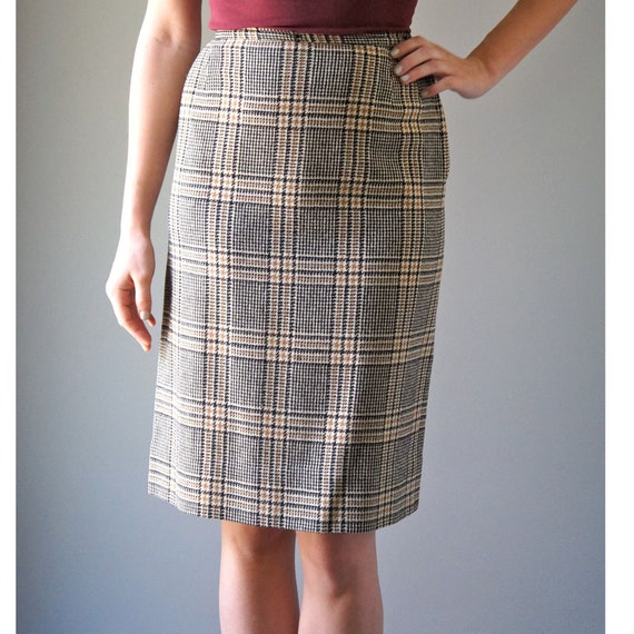 Items similar to Vintage 1950s Plaid Wool Pencil Skirt Cream Black