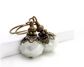 White Earrings - Victorian Style Dangles - Bronze Beads - Boho Bridal Earrings - Wedding Jewelry