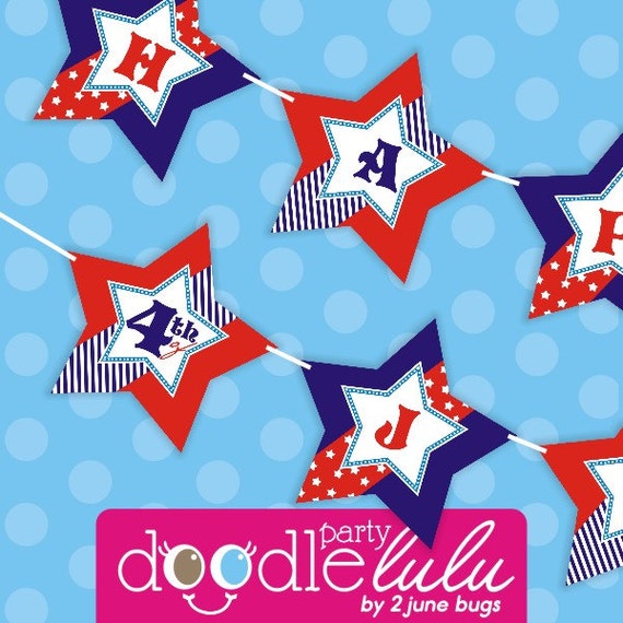 INSTANT DOWNLOAD DIY Printable Fourth of July 4th Red White Blue Stars Banner from DoodleLulu by 2 june bugs Il_570xn