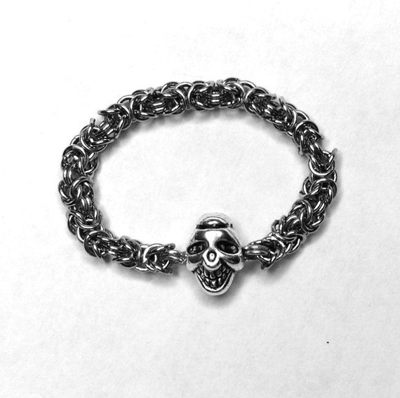 Byzantine weave Chainmaille Ring with Skull by SonoraKayCreations