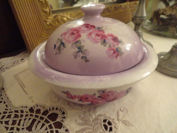 Vintage LILAC ROSES Covered Soap Dish English 3 piece with