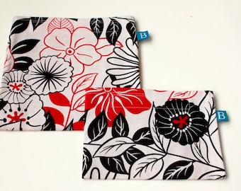 Reuseable Eco-Friendly Set of Snack and Sandwich Bags in Black, White and Red Floral Print Fabric