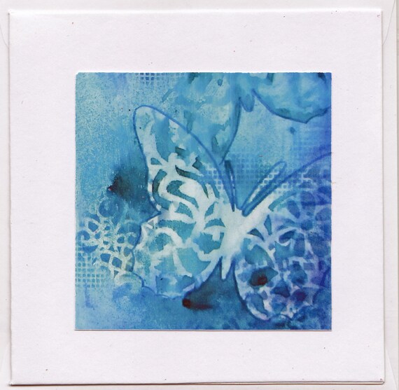 Note / greeting card - Blue Butterflies (print of original mixed media collage)