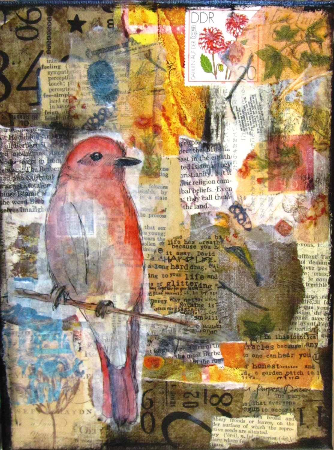 Original Mixed Media bird collage on canvas