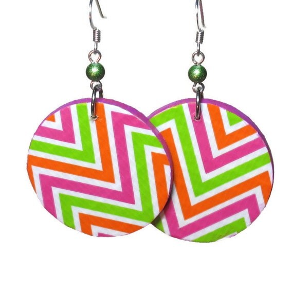 Colorful Chevron Neon Statement Earrings by BluKatDesign on Etsy