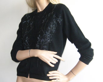 Vintage 50s Black Lambswool Beaded Pin Up Girl Mad Men Cardigan Sweater