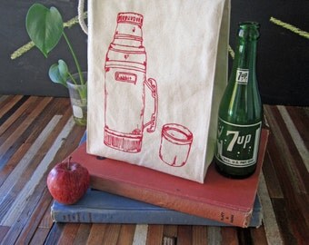 Lunch Bag - Screen Printed Recycled Cotton Lunch Bag - Reusable and Washable - Eco Friendly Lunch Box - Handmade - Canvas Tote Bag - Thermos