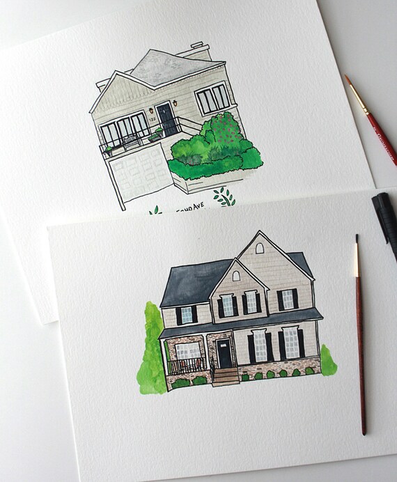 House Portrait - Watercolor and Illustration Il_570xn