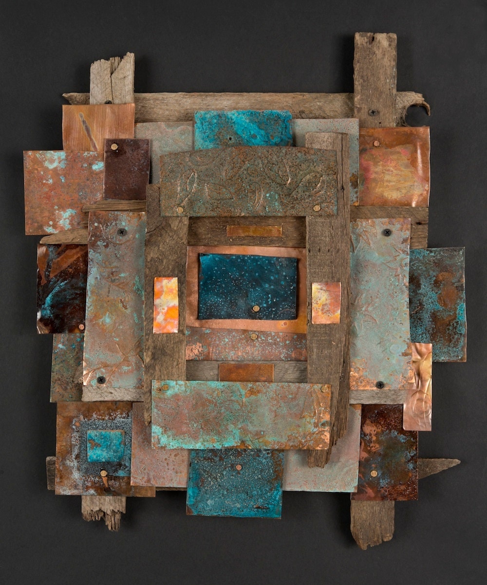 One of a kind original of copper and reclaimed wood art for