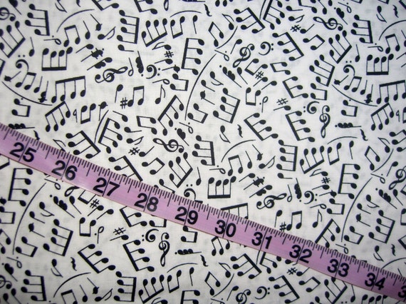 Musical fabric with music notes black on white cotton print