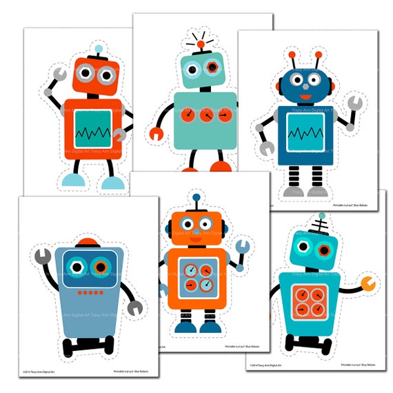 Blue and Orange Robot Printable Cut outs DIY Party Decor