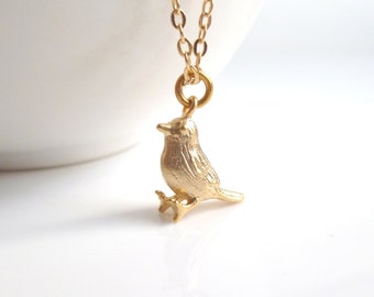 Little Gold Bird Necklace - tiny miniature baby sparrow / chickadee chick charm pendant on a simple gold plated chain - delicate minimalist