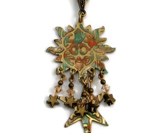 Celestial Pendant, Sun, Star, Aqua Embossed Brass