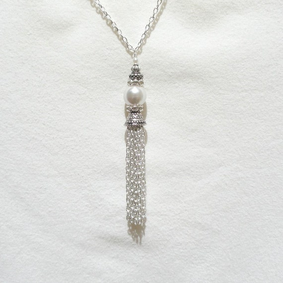 Pearl Tassel Necklace White Pearl Beaded Long Tassel by JanJat