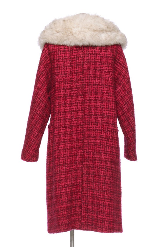 Fur Collar Coat 60s Houndstooth Raspberry Red Wool 1960s Mod