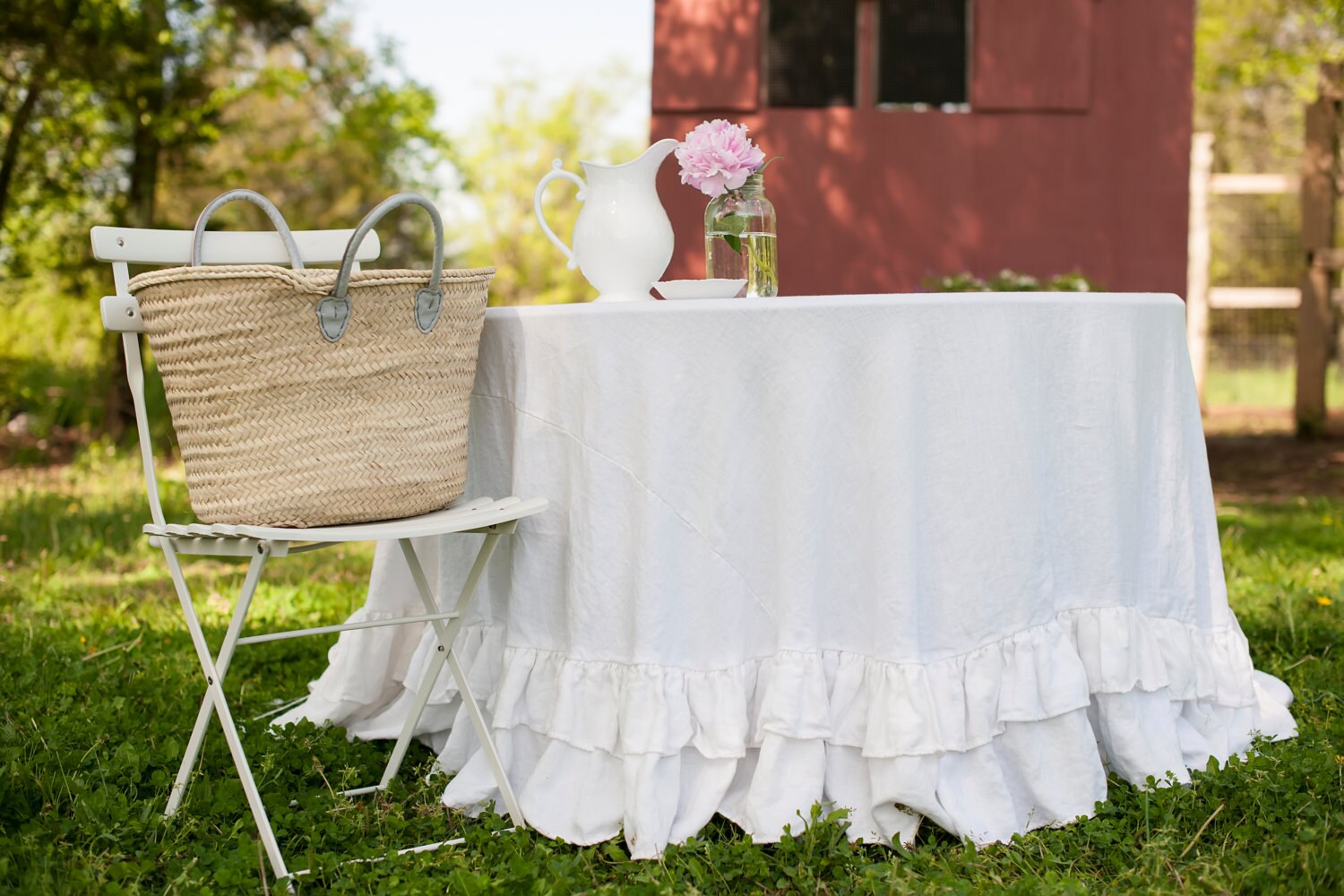 Tablecloth Round Floor Length Ruffled Linen