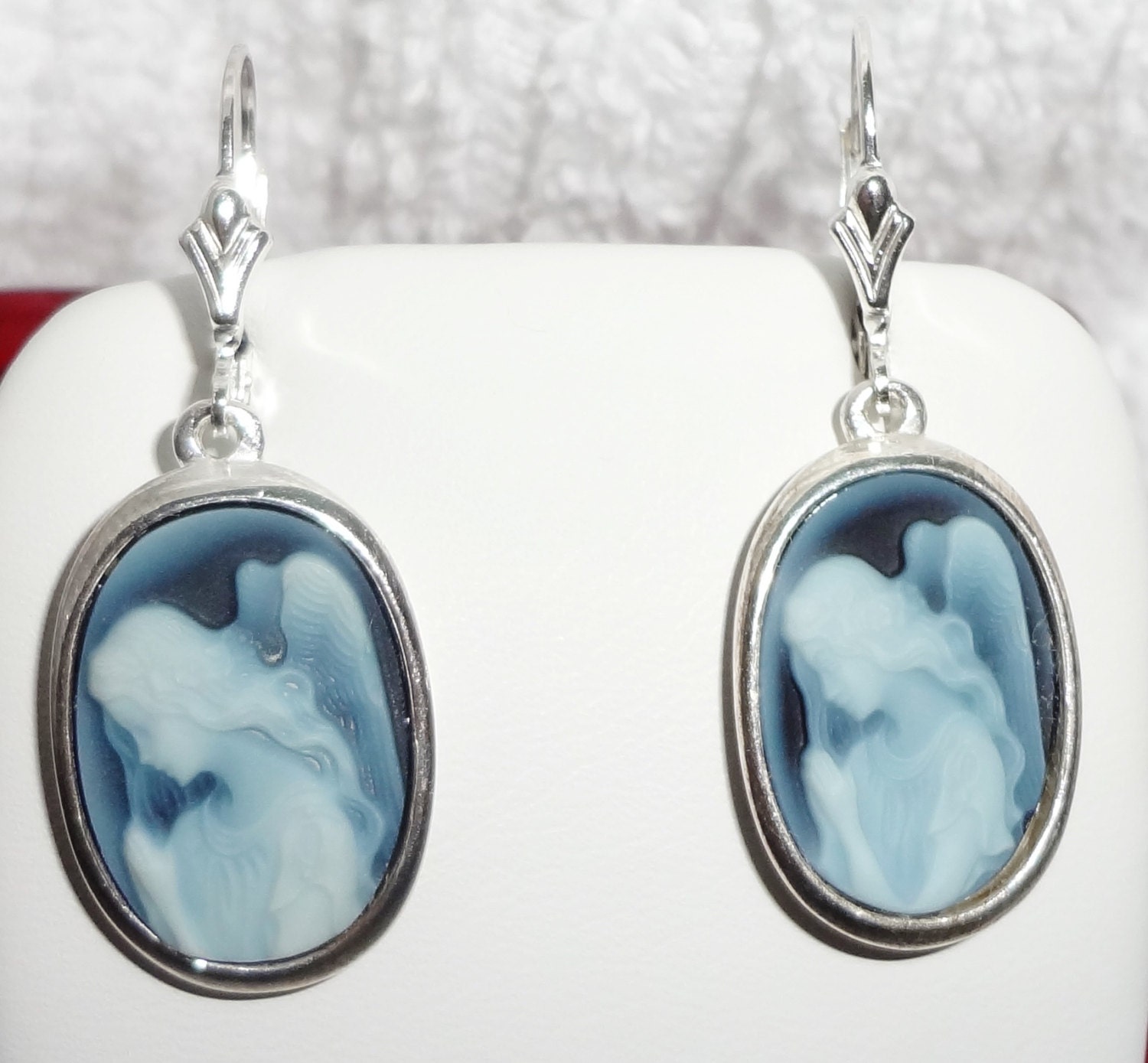 Genuine Blue Agate Angel Cameo .925 Sterling Silver leverback