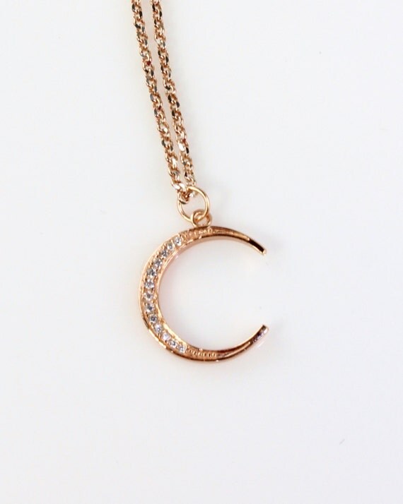 Rose Gold Crescent Moon Necklace With CZs Crescent by lisaloren