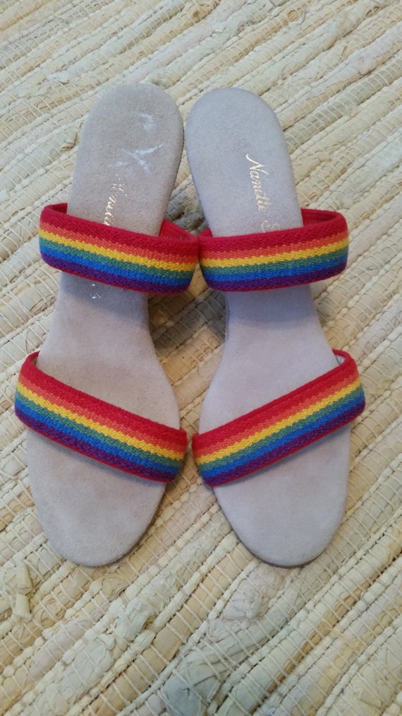 Vintage Nannette Sandals Suede Leather Rainbow Shoes Summer 1970s