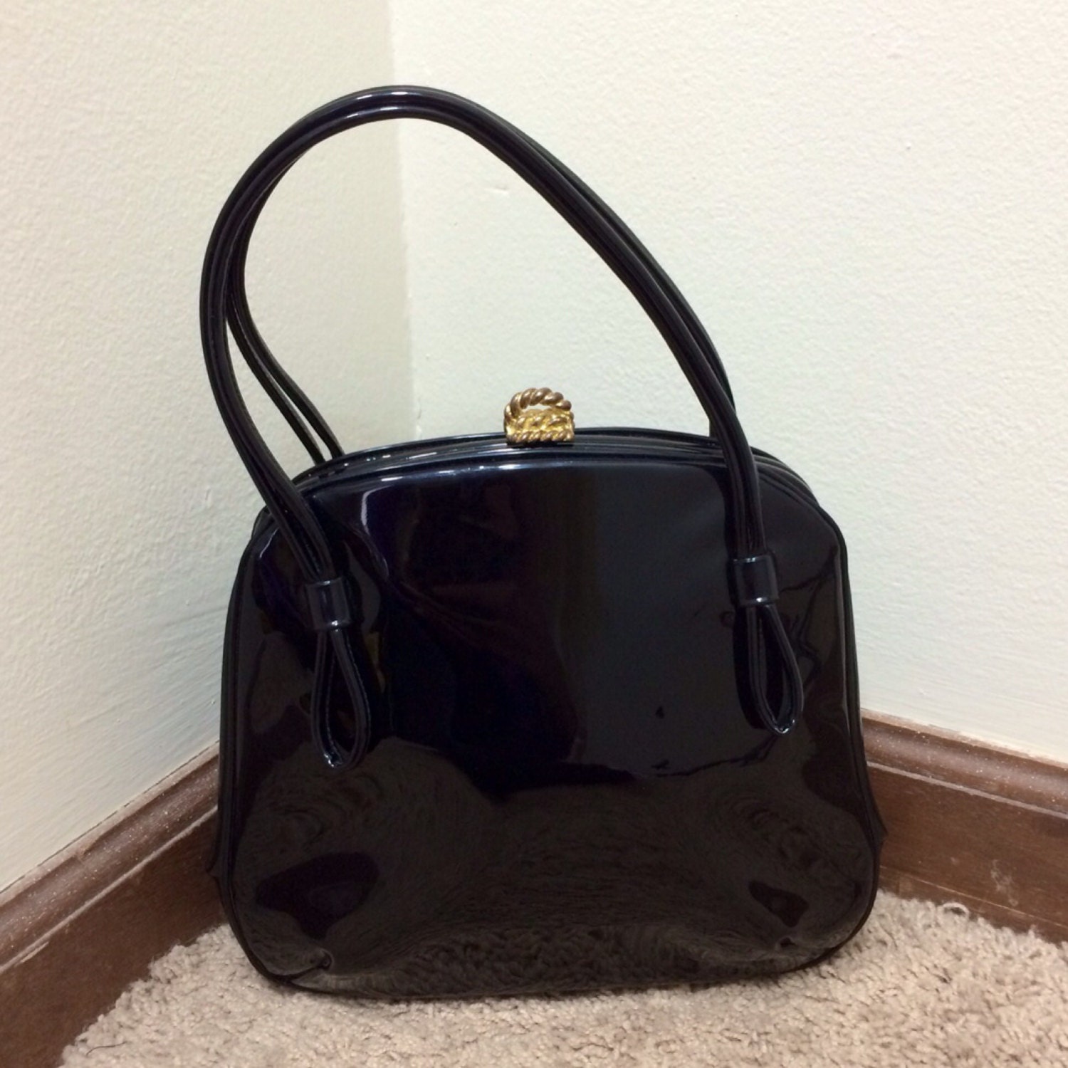 Vintage 50s 60s Lewis Purse / Black Patent by BeatificVintage
